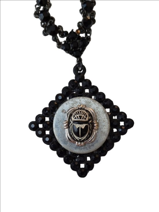 Jewelry - Vintage Handmade Black Beaded Scarab Pendant Necklace